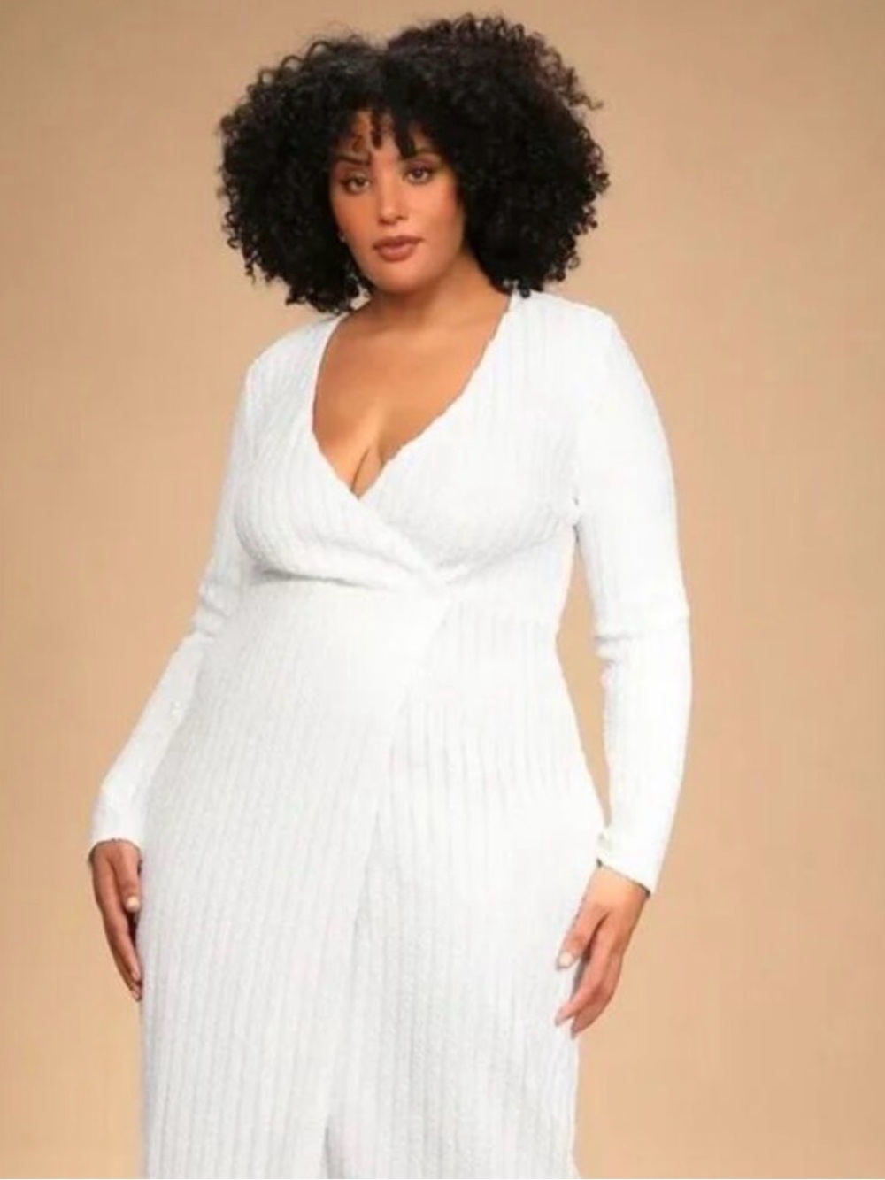 Lulu's Ivory Ribbed Wrap Maxi Dress with Long Sleeves